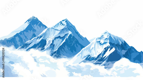 Majestic High Mountains in Cloudy Sky of Nepal with Mount Everest, Flat Vector Illustration