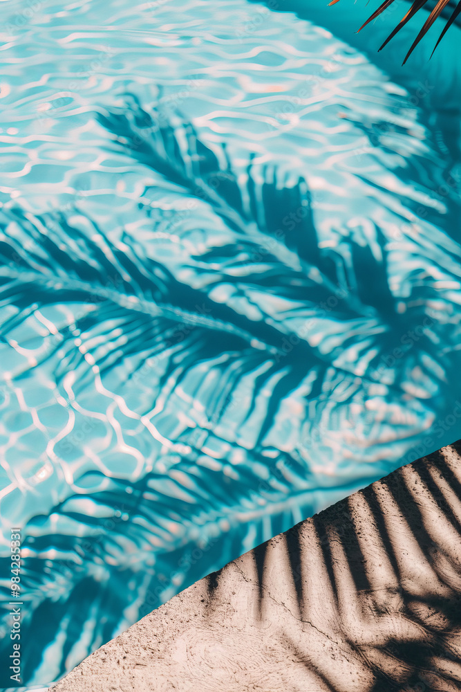 Obraz premium A serene view of swimming pool with vibrant blue water, showcasing intricate shadows of palm leaves dancing on surface. interplay of light and shadow creates tranquil summer atmosphere