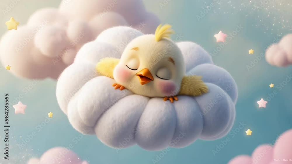 Little cute cartoon chick sleeping on a cloud decoration Little cute cartoon chick sleeping on a cloud decoration