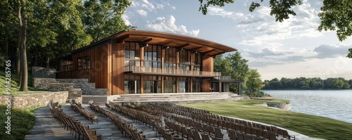 A lakeside theater with James Hardie siding, designed to host summer concerts and plays, providing a scenic and acoustically optimized venue for performances