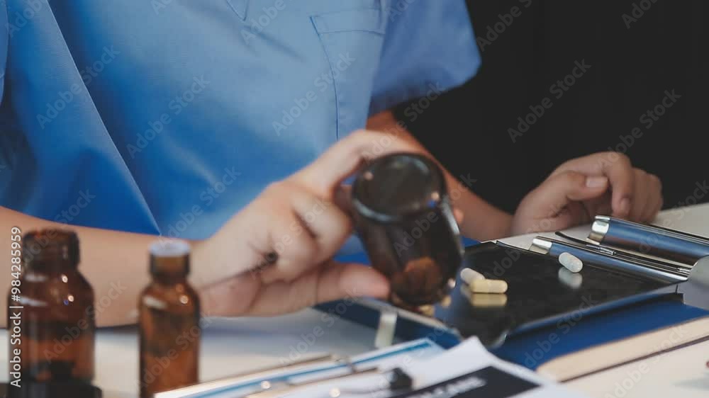 Healthcare, pharmacist or hands for counting tablets, pills and supplements on stainless tray. Person, employee and medicine in pharmacy for sorting, preparation and quantity check of prescription Healthcare, pharmacist or hands for counting tablets, pills and supplements on stainless tray. Person, employee and medicine in pharmacy for sorting, preparation and quantity check of prescription
