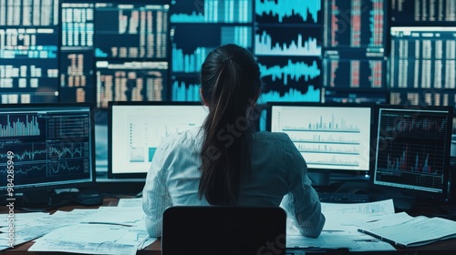 A woman analyzing data on multiple computer monitors in a control room filled with graphical representations of statistics and reports.
