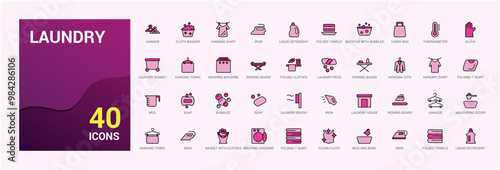 Laundry colorful icons set. Clothes instructions on labels, machine or hand washing icon pack. Color icon for web and ui. Icon names are written in English.