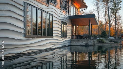 A lake house with wavy James Hardie siding, reflecting the fluid lines and colors of the water, emphasizing the sidinga??s adaptability to scenic, waterside locations photo