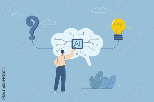Using AI to solve problems and generate creative solutions, Working with robots, Businessman working with AI to find a solution to problem leading to the creation of a light bulb idea. Vector design.