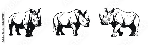 Set of rhinoceros illustrations in different poses, vector illustration. Black and white depictions of rhino.