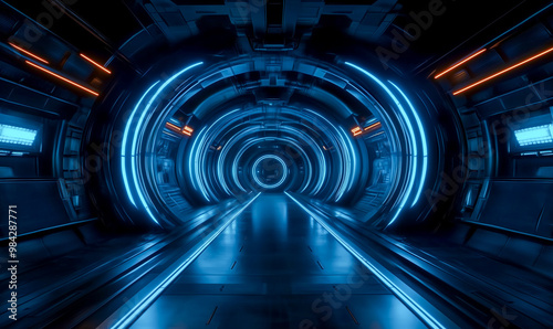 A dark tunnel illuminated by laser beams, with metal panels and futuristic neon blue lighting, a cyber hangar with glowing blue pipes. The spaceship