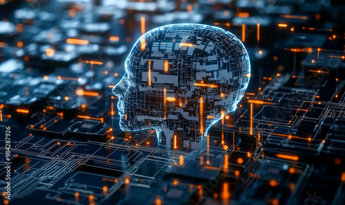 An image of the contours of an artificial intelligence head on computer chips. The concept of learning using artificial intelligence, concepts of modern computer technologies.