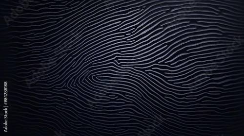 A close-up of a detailed fingerprint on a glossy surface, with intricate ridges and patterns highlighted in sharp contrast against a dark background.