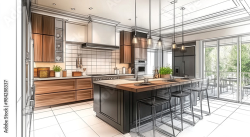 A combination of a photo and a sketch. Stylish kitchen interior with modern furniture and appliances. Kitchen design project.