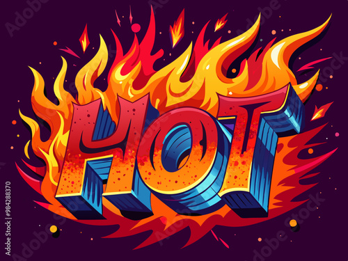 The word “hot” in orange, purple and red colors against a burning fire cartoon illustration