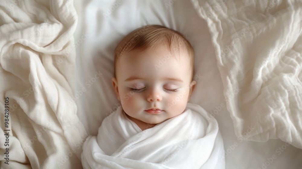 A peaceful baby girl sleeping soundly in a white swaddle, eyes closed, on a white sheet. A peaceful baby girl sleeping soundly in a white swaddle, eyes closed, on a white sheet.