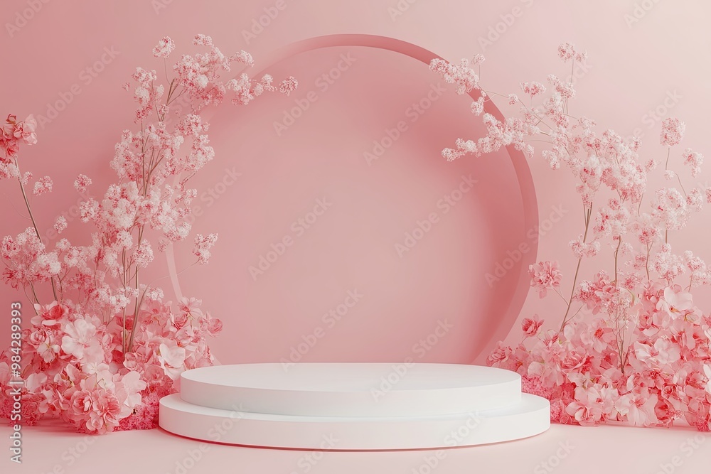A front view of white podium decorated with flower and pink background with blank space for advertising A front view of white podium decorated with flower and pink background with blank space for advertising