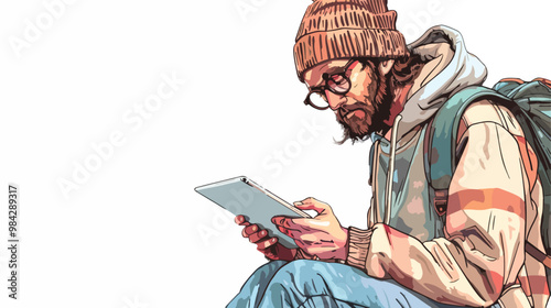 Hipster Guy Using Tablet Handdrawn Vector Isolated