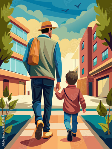 A man and a little boy are walking in a park