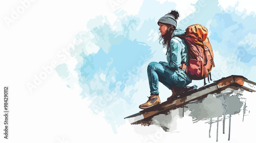Adventure Seeker Woman Hitch Hiking on Rooftop - Abstract Mixed Media Handdrawn Vector Illustration