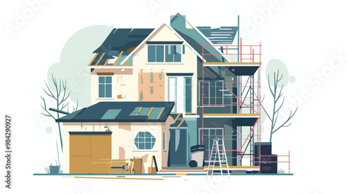 Modern Home Renovation and Repair Concept, Mixed Media Flat Style V