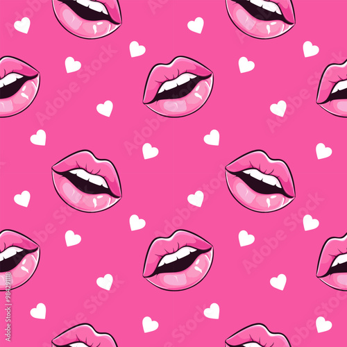 Seamless trend pattern with 90's style illustrations pink glossy lips and hearts for banners, cards, flyers, social media wallpapers, background etc.