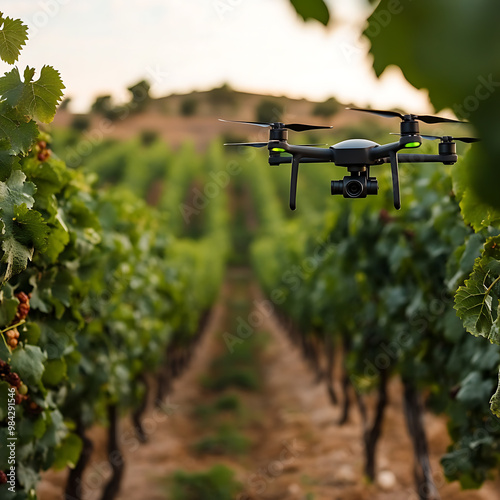 A drone flies between orchard rows, maneuvering carefully around trees. Its rotors hum quietly as it scans the ground, performing tasks like spraying or monitoring plant growth.


 photo