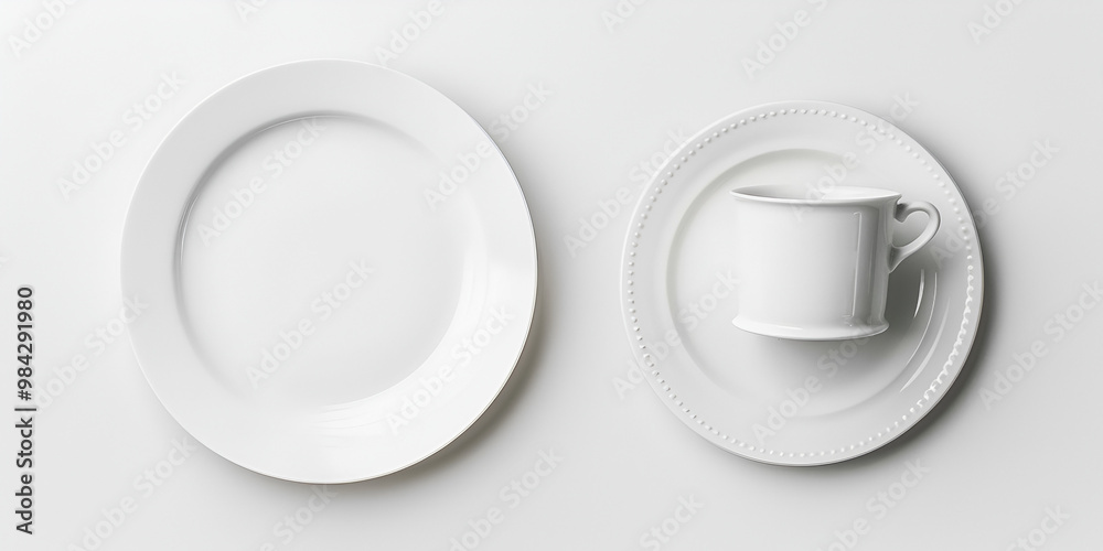 Top View of White Plate and Cup Set on Clean Background Top View of White Plate and Cup Set on Clean Background