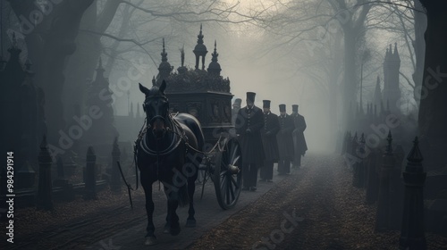 A gothic-inspired funeral procession through a misty, ancient graveyard with dark, ornate monuments and somber figures in Victorian attire.