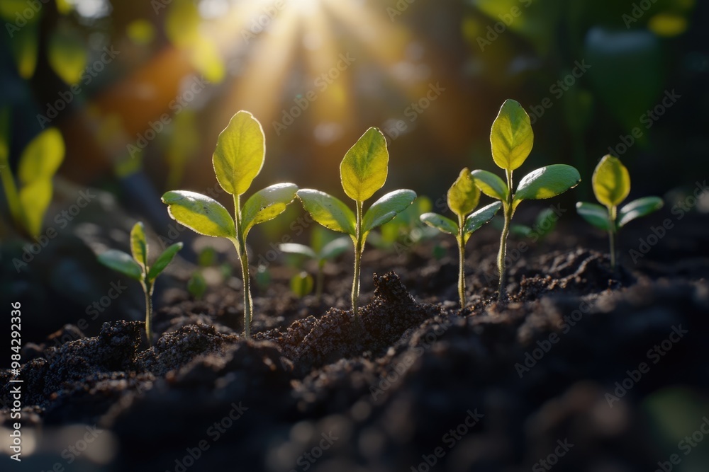 Seedlings grow in fertile soil under morning sun ecology concept. Seedlings grow in fertile soil under morning sun ecology concept.