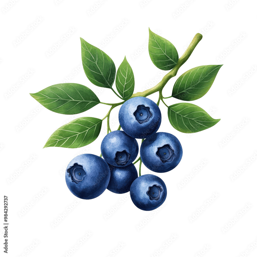 Isolated bunch of ripe, juicy blueberry with green leaves on a white background Isolated bunch of ripe, juicy blueberry with green leaves on a white background