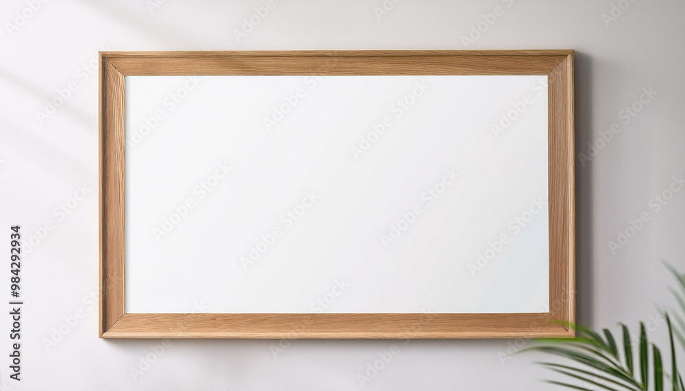 Blank wooden picture frame mockup on wall in modern interior. Horizontal artwork template mock up for artwork, painting, photo or poster in interior design