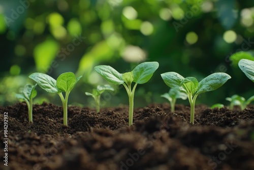 baby plants growing in germination sequence on fertile soil with natural green background