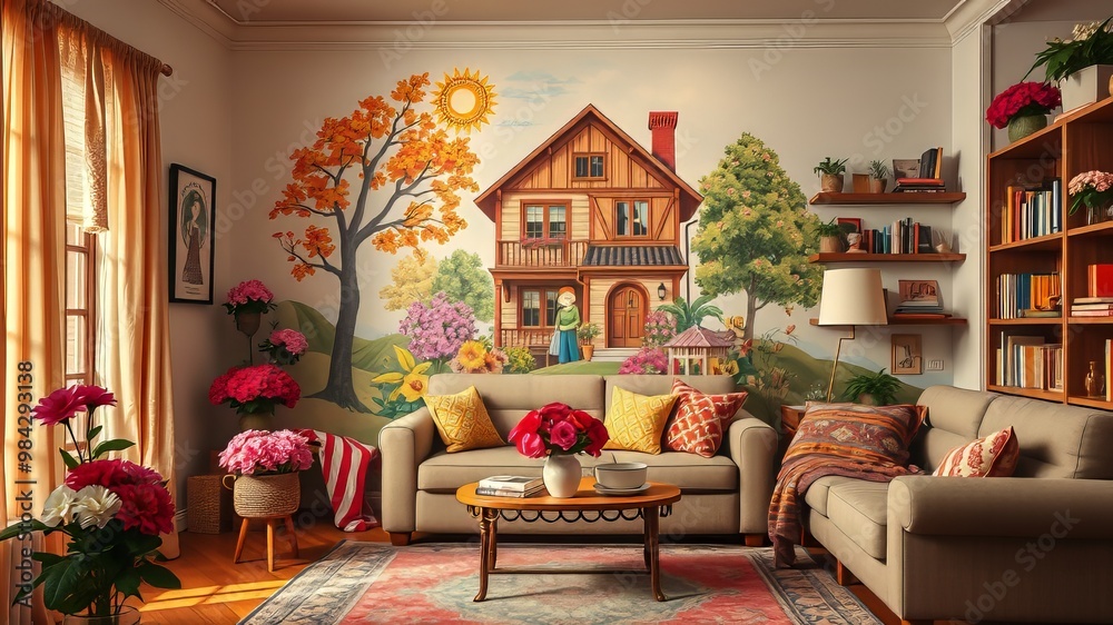 Obraz premium A cozy living room scene with a colorful mural of a grandparent's house on the wall, surrounded by