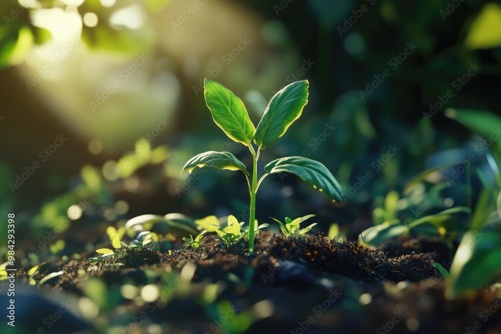 green sprout growing in nature in morning light