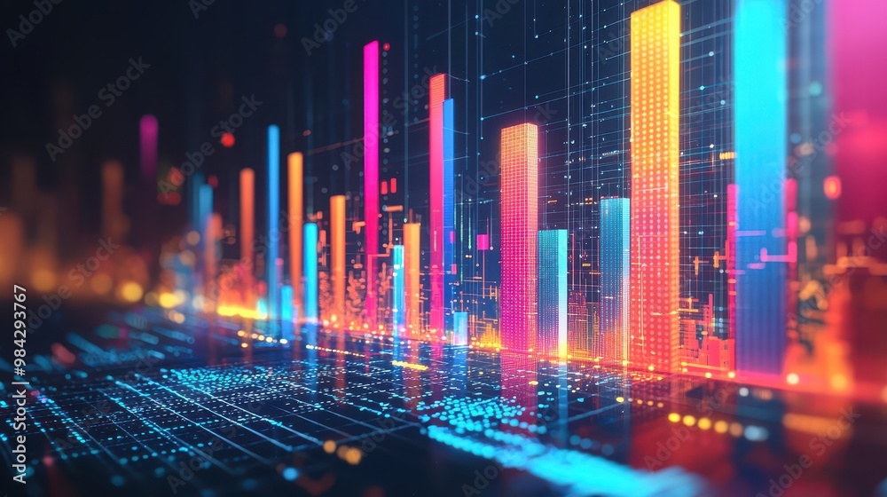 3D holographic bar graph on a bright digital interface, indicating the steady progress of business. 3D holographic bar graph on a bright digital interface, indicating the steady progress of business.
