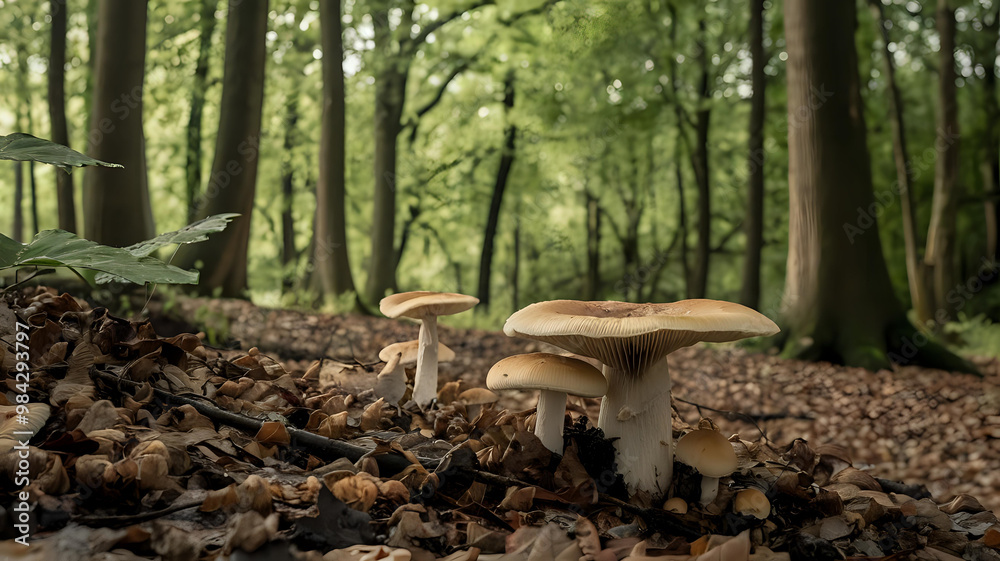 Fototapeta premium Clustered mushrooms on forest floor with damp leaves