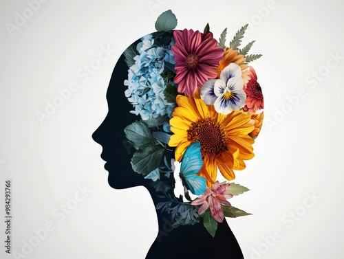 A person's silhouette with a brain visible, half filled with flowers and half with office documents, illustrating the balance between mental health and work. photo