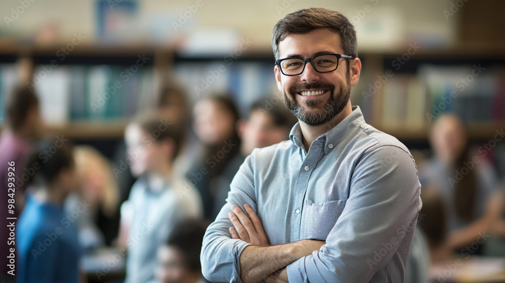 A happy male teacher stands in front of students A happy male teacher stands in front of students