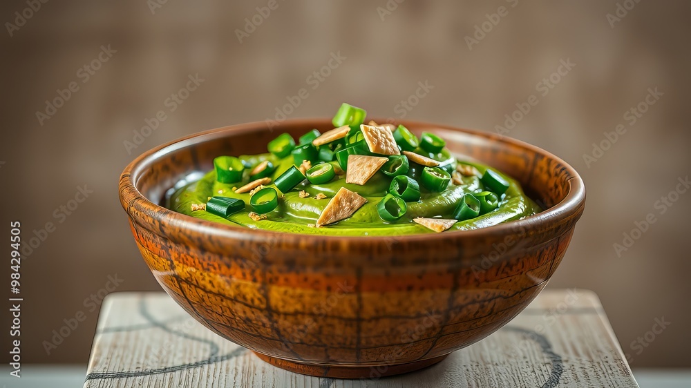 A rustic, earthy-toned ceramic bowl filled to the brim with a vibrant green, creamy dip, crisp green onions, A rustic, earthy-toned ceramic bowl filled to the brim with a vibrant green, creamy dip, crisp green onions,
