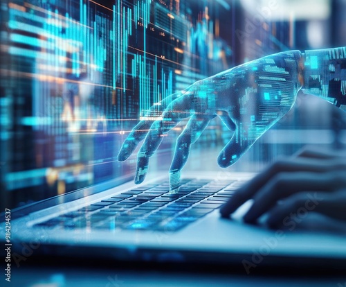 Futuristic robotic hand touching laptop with data