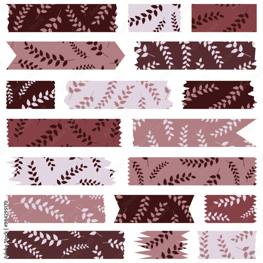 Obraz premium Set of red washi tapes with leaves pattern isolated on white. Tapes collection in vector. Pieces of decorative tape for albums. Burgundy torn paper 