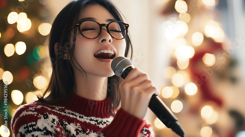 Close-up shot of a late-thirties Asian woman in glasses, holding a microphone and singing karaoke at a holiday party, joyous atmosphere of the home gathering