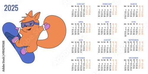2025 Calendar template design with funky squirrel on snowboard. 2025 Calender with trendy winter sport activity. Cute animal and 2025 grid. Vector illustration. EPS 10