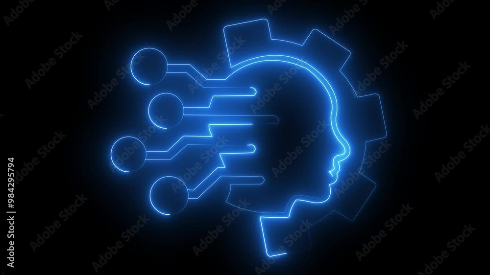 blue color head and settings icons with a glowing neon effect neon a black background. blue color head and settings icons with a glowing neon effect neon a black background.