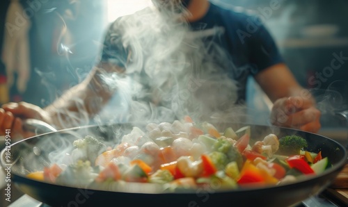 home cooking with fresh, vibrant vegetables being stir-fried on a stove.