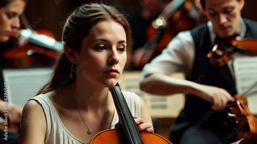 Young woman playing violin in orchestra – Joven tocando el violín en una orquesta