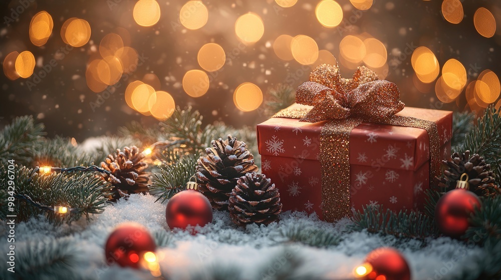 Christmas Gift Box, Fir Branches And Pine cones, On Snow With Christmas Lights