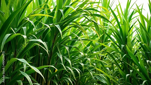 Tall, dense clusters of green sugarcane plants sway gently in the breeze, their long, slender leaves rippling like