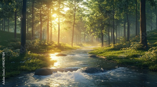 Serene forest scene with a flowing stream and sunlight filtering through trees.