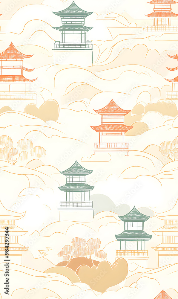 Naklejka premium Chinese-inspired doodle tile seamless patterns in an illustrator graphic style