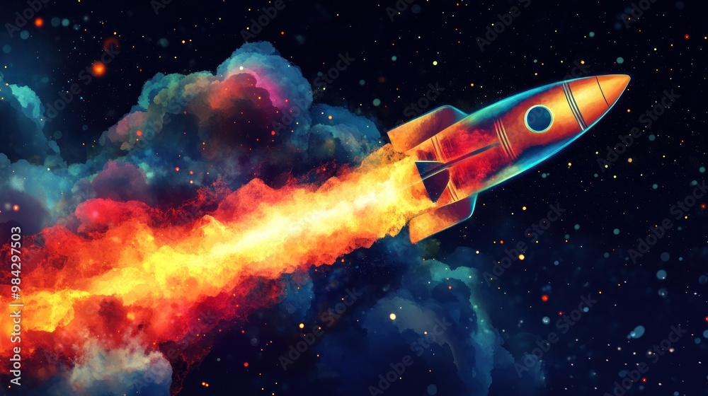 A rocket ship blasts off into space with a trail of fire and smoke against a backdrop of stars and nebulae. A rocket ship blasts off into space with a trail of fire and smoke against a backdrop of stars and nebulae.