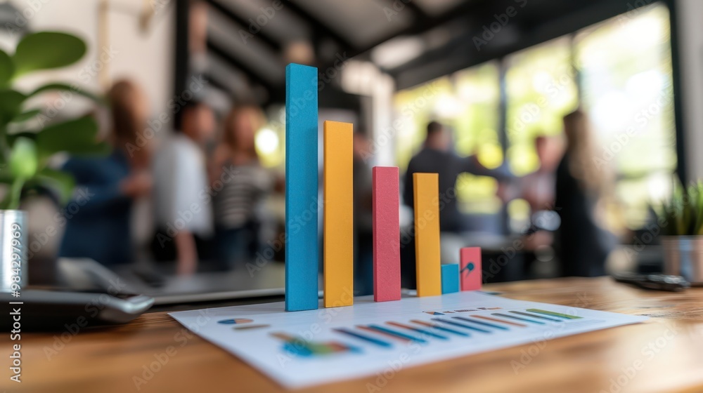A bar graph showing a business's growth from 0 to 100, printed on paper and placed on a desk. People in the background celebrate the success story. A bar graph showing a business's growth from 0 to 100, printed on paper and placed on a desk. People in the background celebrate the success story.