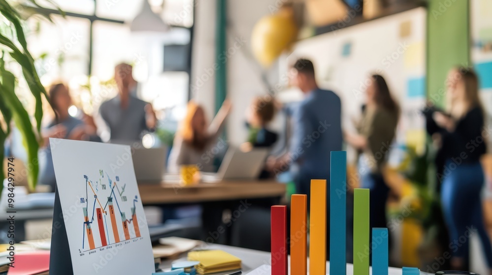 Fototapeta premium A bar graph showing a business's growth from 0 to 100, printed on paper and placed on a desk. People in the background celebrate the success story.